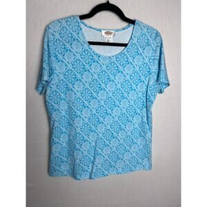 Talbots Petites Women's Short Sleeve Scoop Neck Blue White Floral Size Large